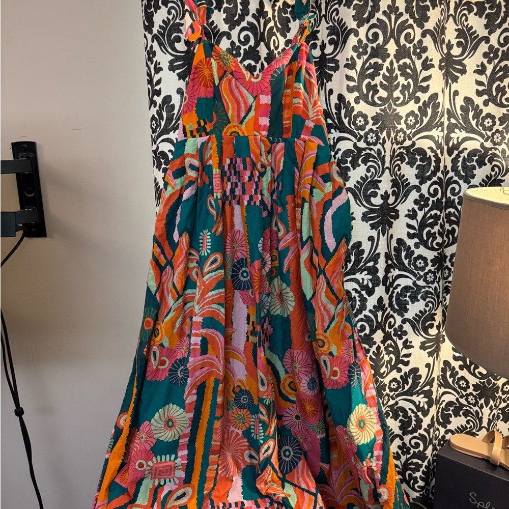 FARM Rio Orange Green Sleeveless V-neck Sundress